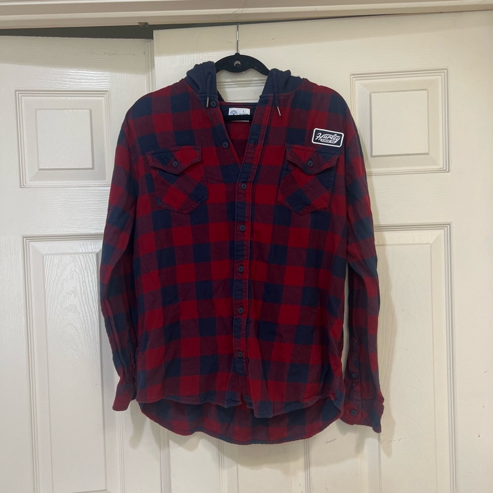 Vintage Hurley Flannel Hoodie Shirt Size Large Y2K Blue Red Plaid 99 Patch